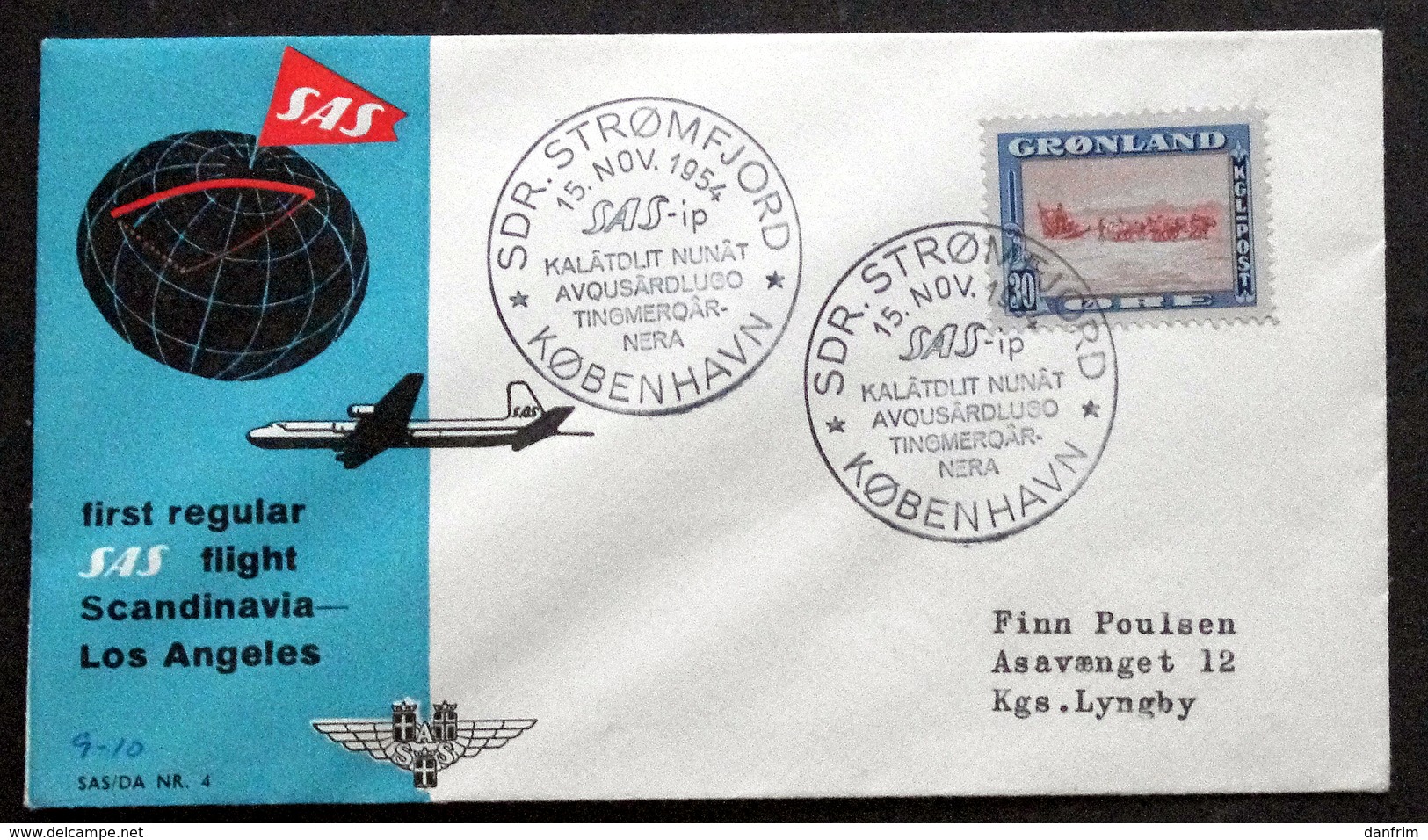 Greenland 1954 SAS First Flight Sdr. Strömfjord - Copenhagen 15-11-1954 Minr.13  ( Lot 190 ) - Storia Postale