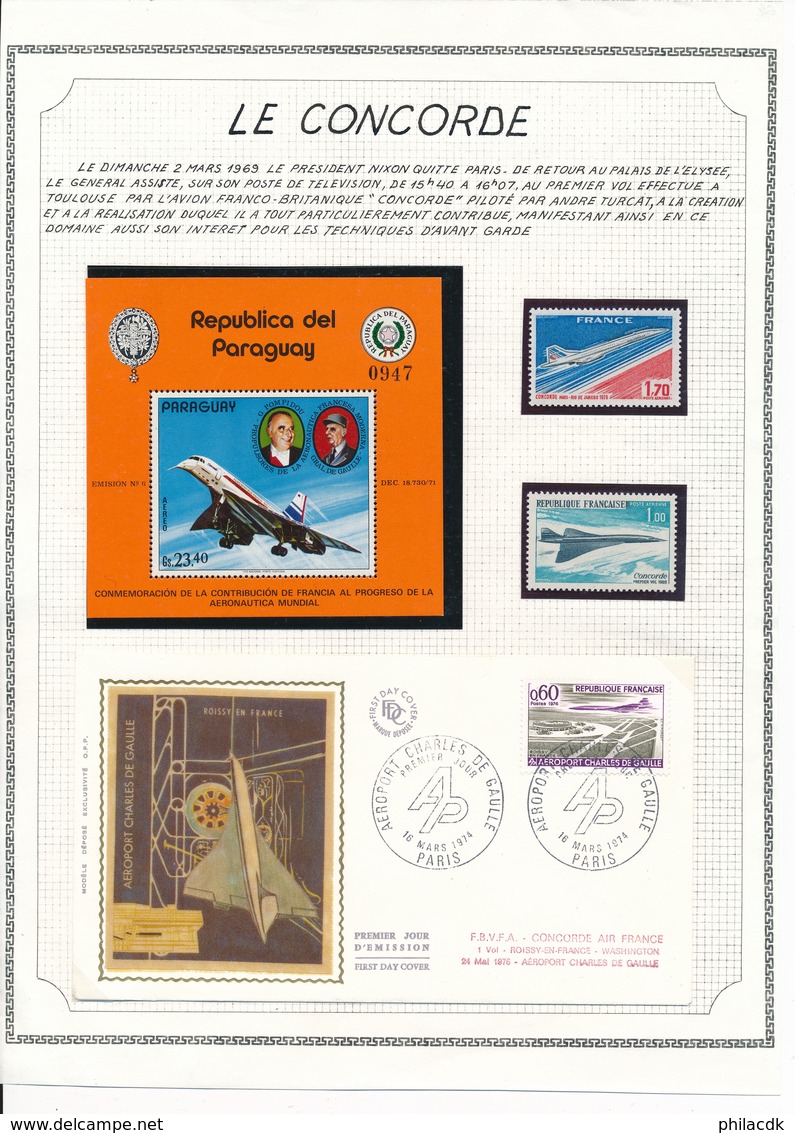 CONCORDE - BLOC PARAGUAY NEUF ET TIMBRES DE FRANCE NEUFS ET ENVELOPPE OBLITEREE SUR FEUILLE DE PRESENTATION - Concorde