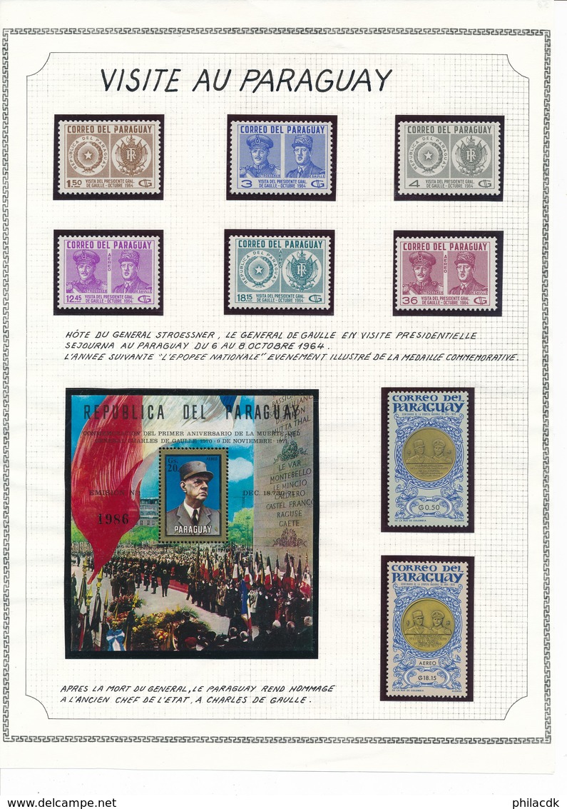 PARAGUAY - 8 TIMBRES ET 1 BLOC NEUFS VISITE DU GENERAL DE GAULLE DU 6 AU 8 OCTOBRE 1964 - Paraguay