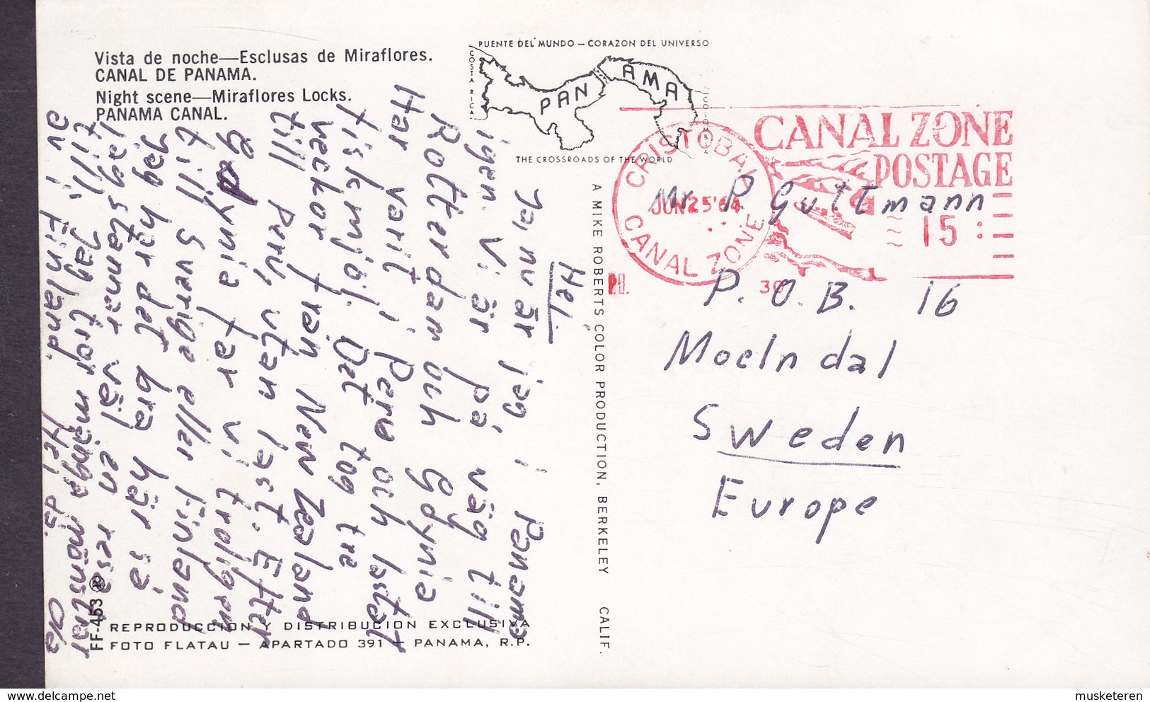 Panama PPC Panama Canal Vista La Noche Night Scene Miraflores Locks Meter Cancel CRISTOBAL 1964 Sent To Sweden (2 Scans) - Panama