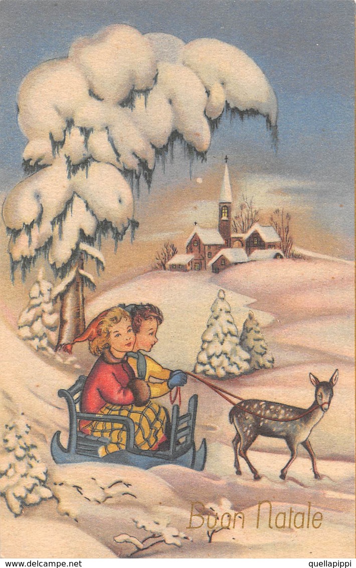 09826 "BUON NATALE" BAMBINI, PAESAGGIO, SLITTA, CERBIATTO.  CART NON SPED - Altri & Non Classificati