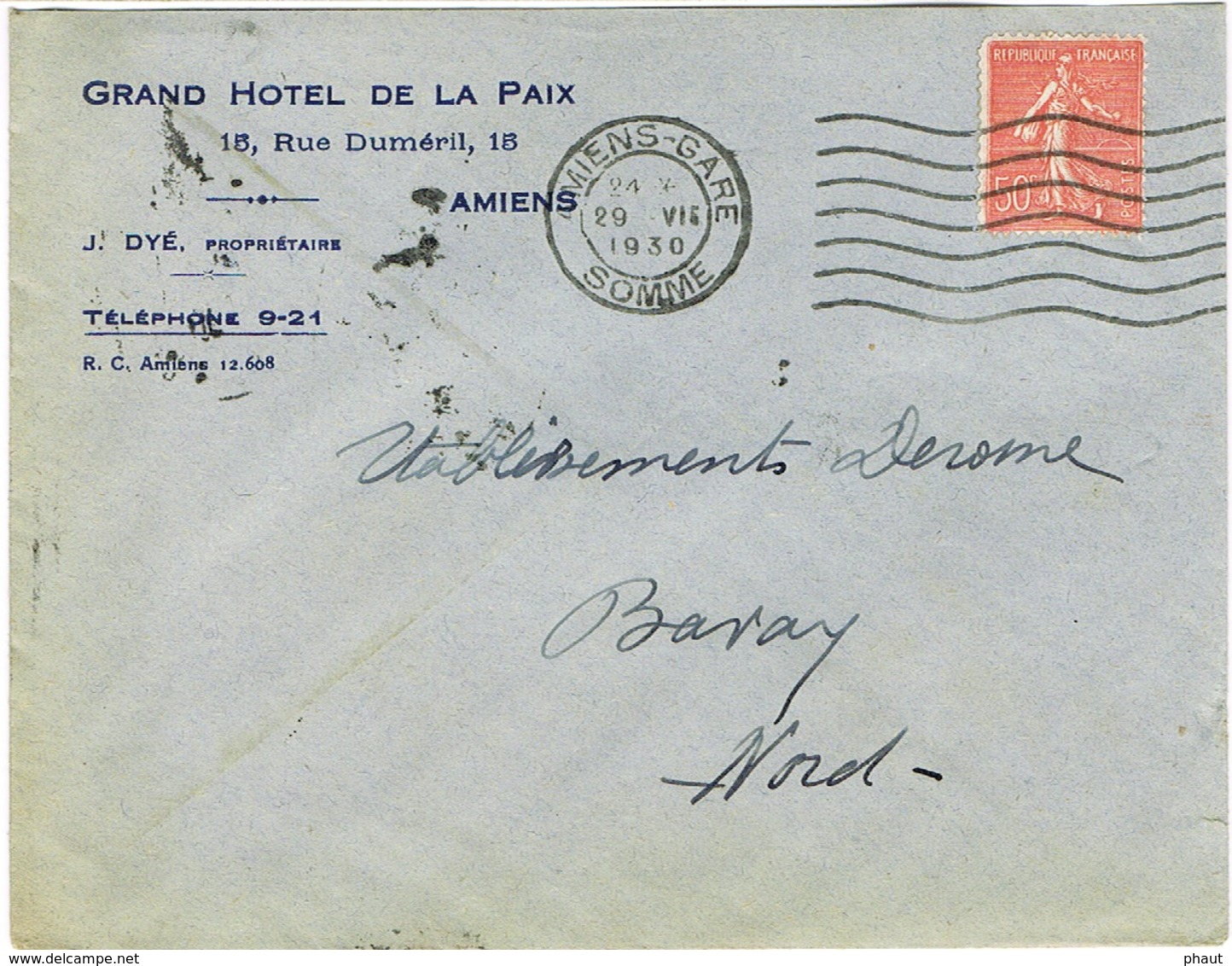 ENVELOPPE  A EN-TETE GRAND HOTEL DE LA PAIX AMIENS - 1921-1960: Période Moderne