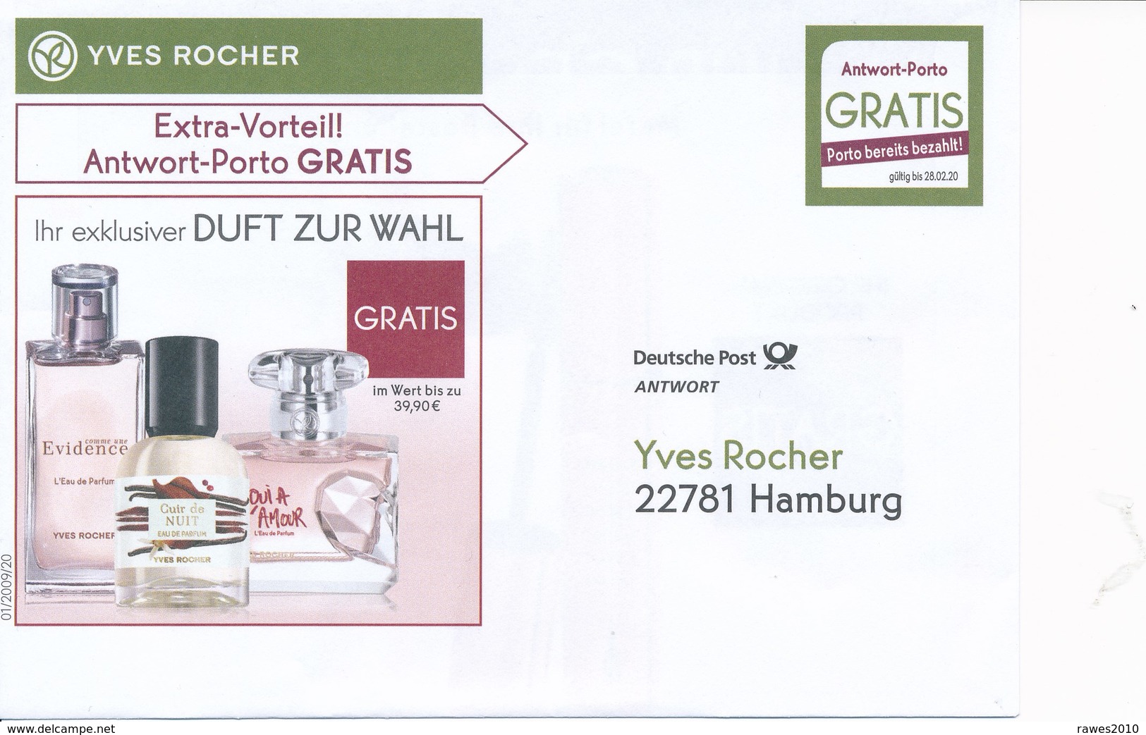 BRD Hamburg Antwort-Porto Gartis 2020 Yves Rocher Parfüm Kosmetik - Covers & Documents