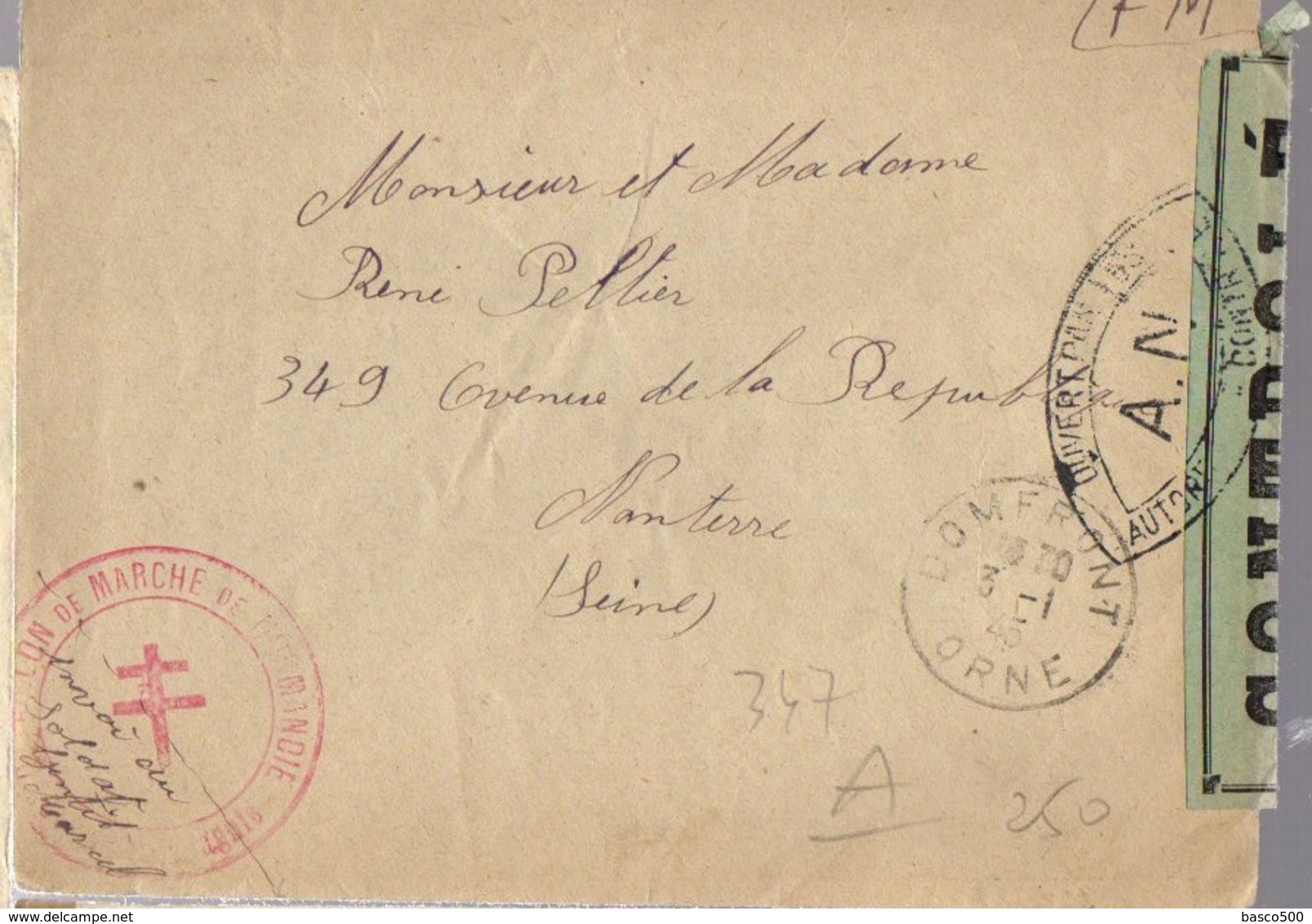 1945 DOMFRONT 2° BATAILLON MARCHE NORMANDIE - Lettre Avec Censure "Ouvert Par Les Autorités De Contrôle AN" - Guerre De 1939-45