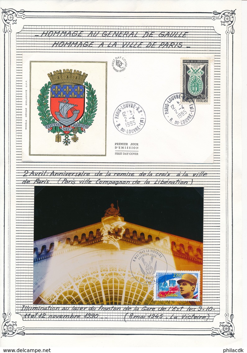 FRANCE - CARTE + ENVELOPPE PREMIER JOUR PARIS LOUVRE 2 AVRIL 1995 + PARIS 8 MAI 1995 VICTOIRE - 2. Weltkrieg