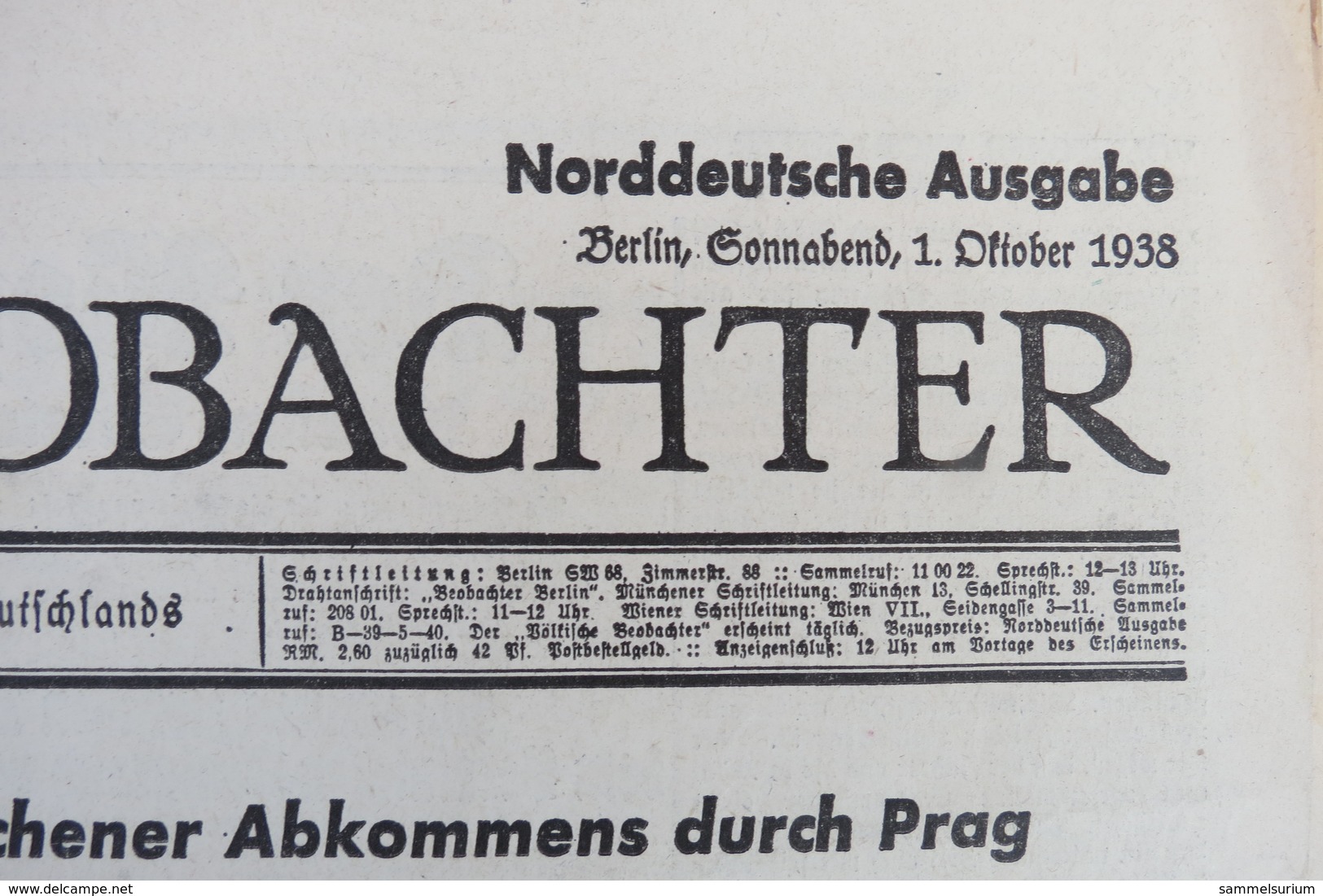 Norddeutsche Ausgabe Des "Völkischen Beobachter" Vom 1.Oktober 1938 - Alemán