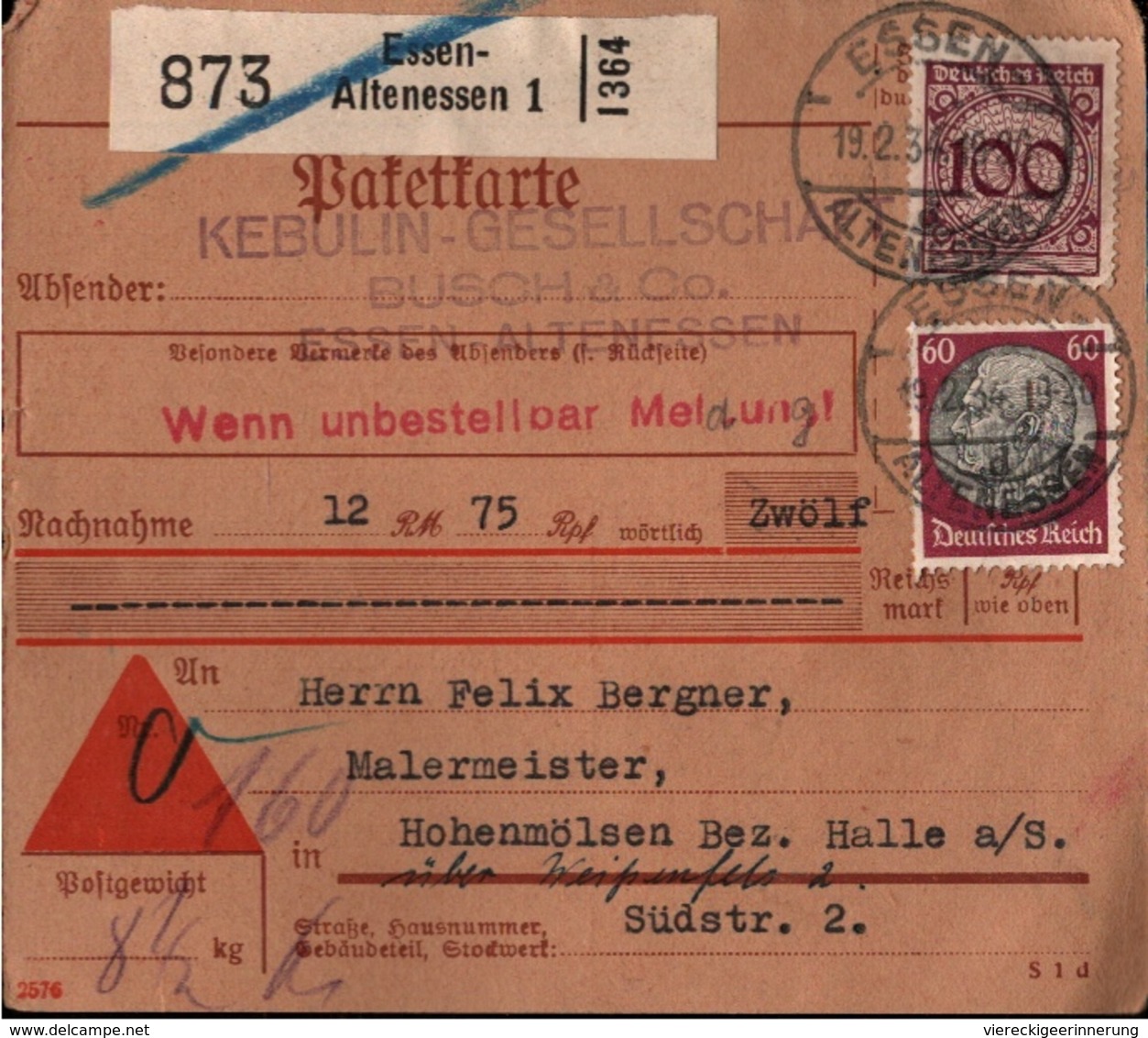 ! 1934 Nachnahme Paketkarte Deutsches Reich, Essen Altenessen Nach Hohenmölsen - Storia Postale