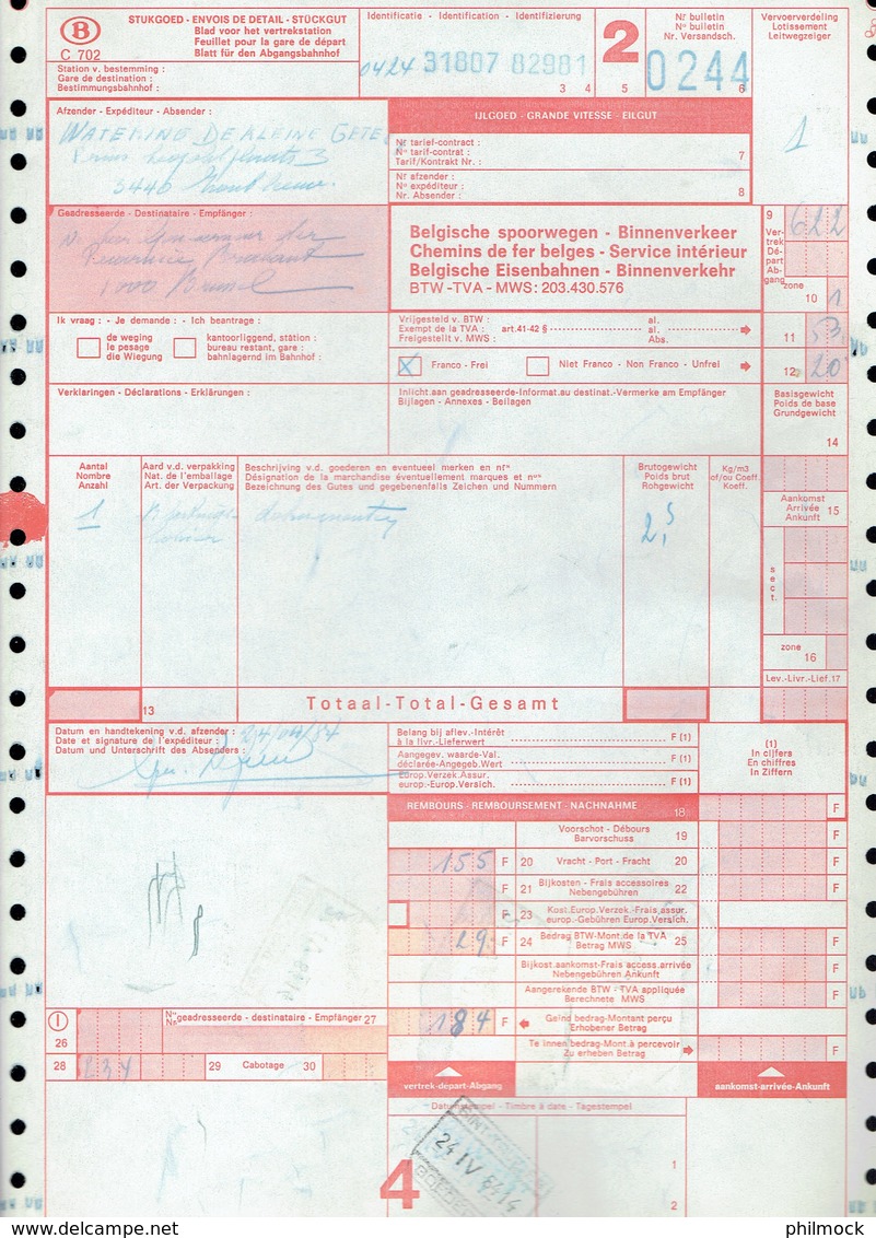 199 Pa - Service Intérieur CF - Doc C702 - Grande Vitesse Sint Truiden Réceptionné Le 24-IV-1984 Vers Bruxelles - Documenten & Fragmenten