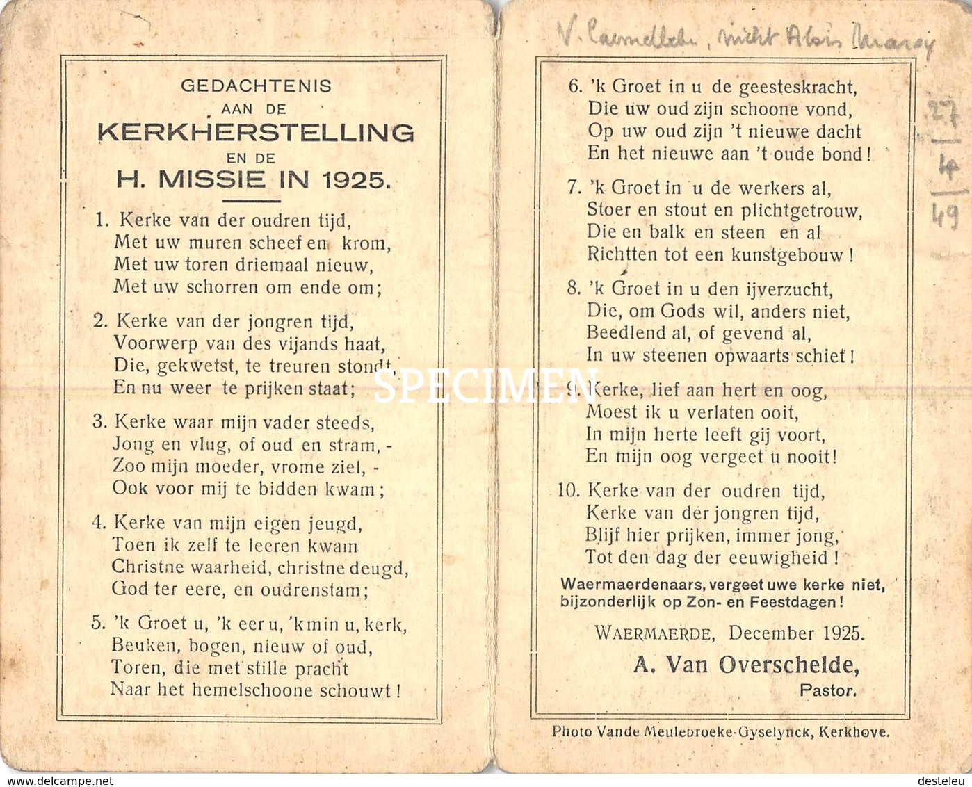 Gedachtenis Aan De Kerkherstelling En De H. Missie In 1925 - Waarmaarde - Avelgem