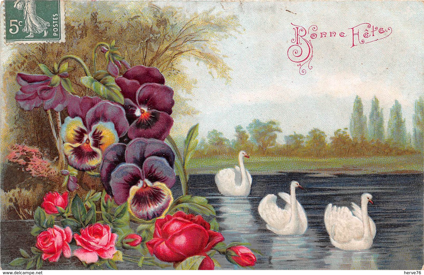 CPA Fantaisie Gaufrée - Bonne Fête - Paysage - Cygne - Fleurs Pensées - Roses - Autres & Non Classés