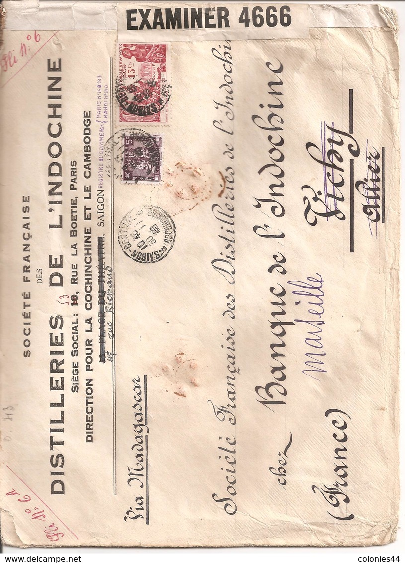 Lettre De Saigon Pour La France 1940 Distilleries De L Indochine Par Bateau Via Madagascar Censurebritannique - Covers & Documents