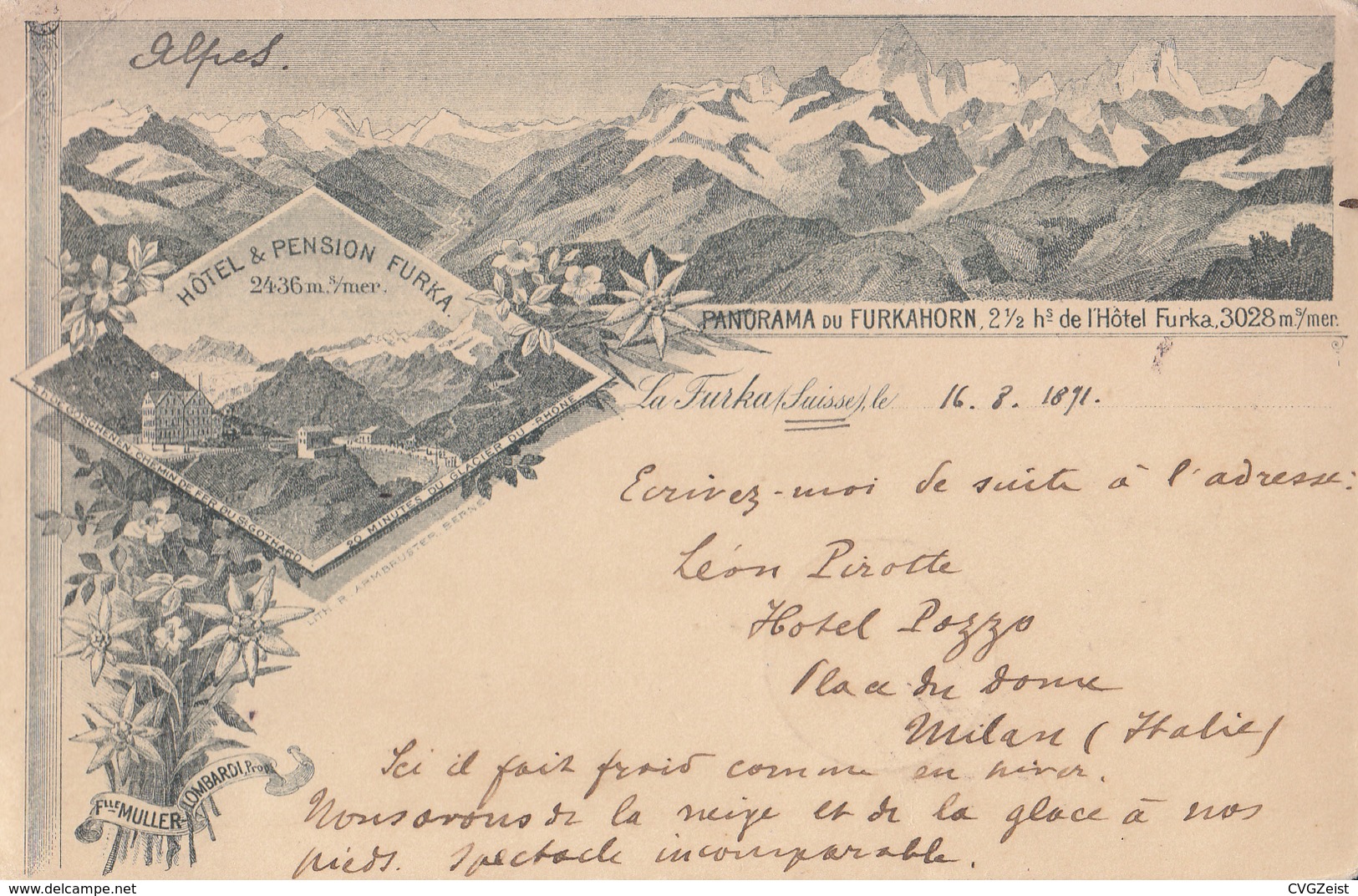 Hôtel & Pension Furka Panorama Du Furkahorn Litho Postcard 1891(!) - Sion