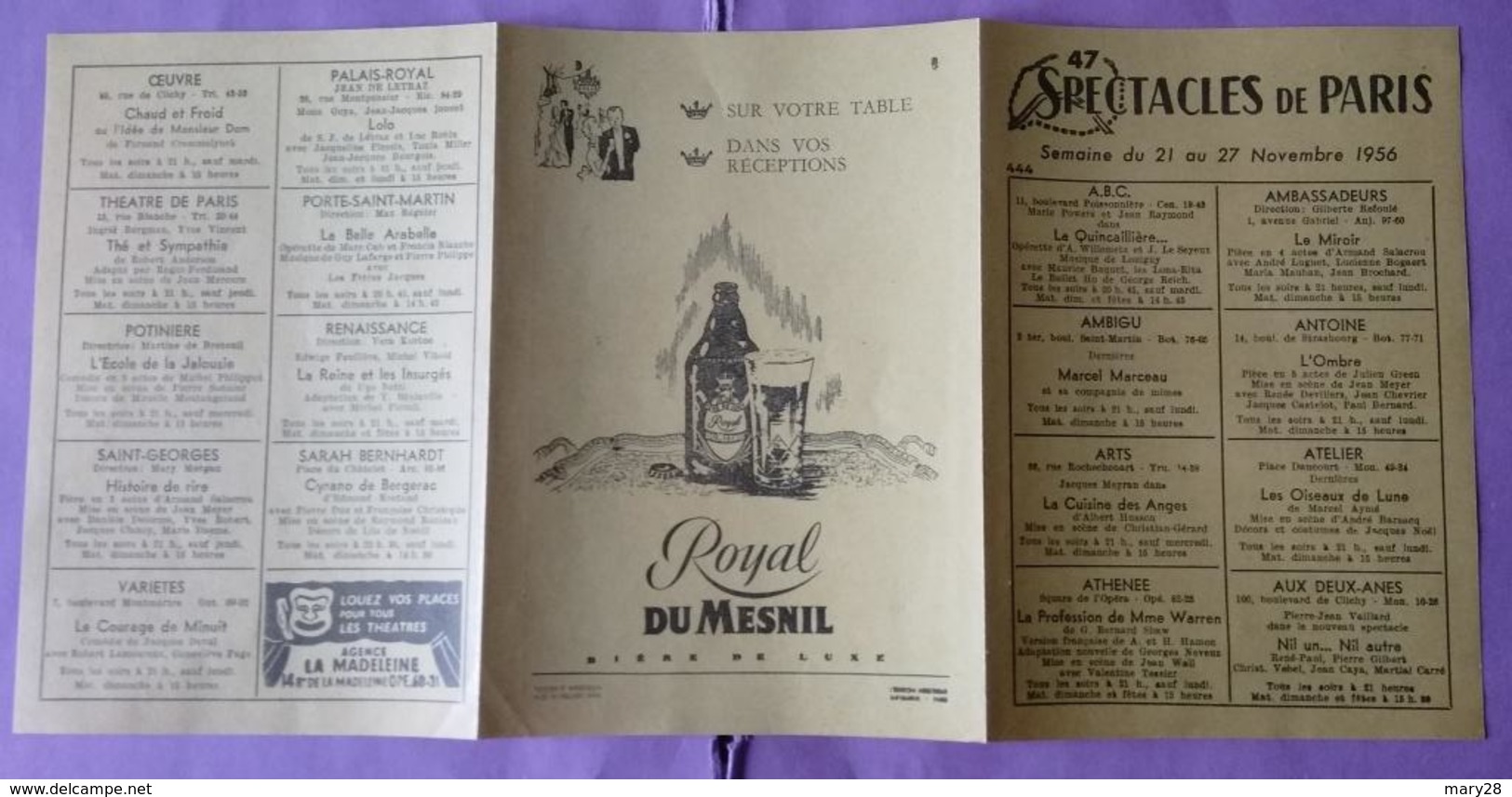 Publicite   Royal Dumesnil Biere De Luxe   - Publicite Issue Du Programme Spectacle De Paris 1956 - - Publicités