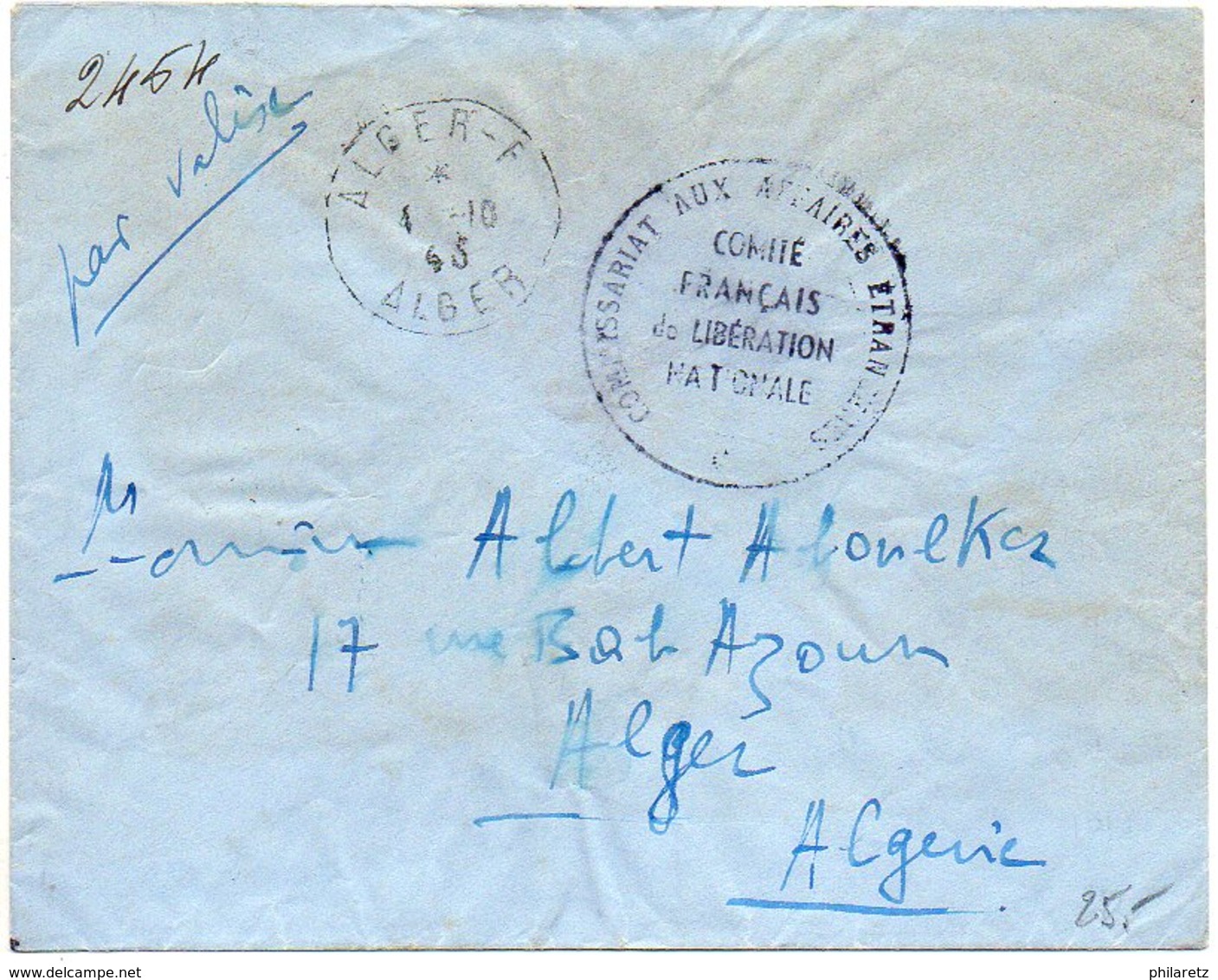Algérie : Lettre (Mention PAR VALISE' D' Alger - F De 1943 (Alger F : Bureau Annexe Du Service Du Courrier Du Comité ... - Cartas & Documentos