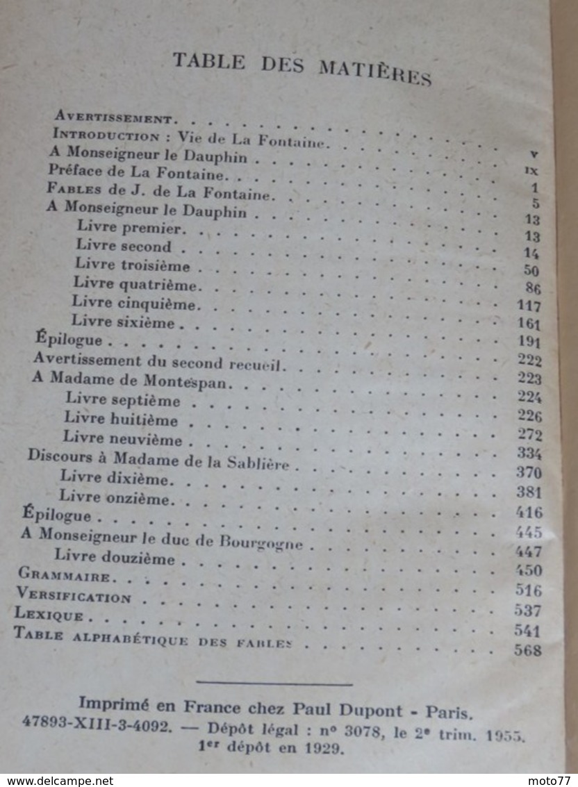 Livre LES FABLES DE LA FONTAINE - 1955 - Edition Hachette / 24 - Auteurs Français