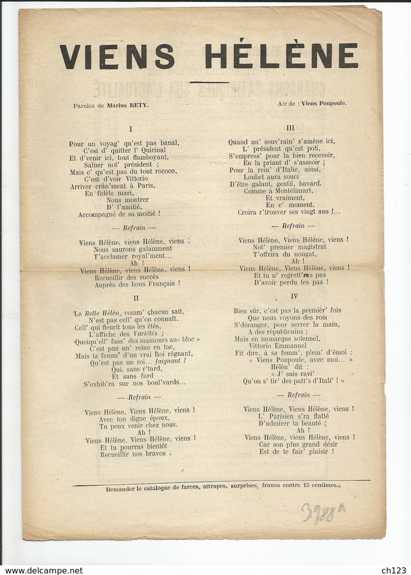 Partition Musicale :  Viens Mimile V'la Totor , Viens Hélène Marius Réty - Partitions Musicales Anciennes
