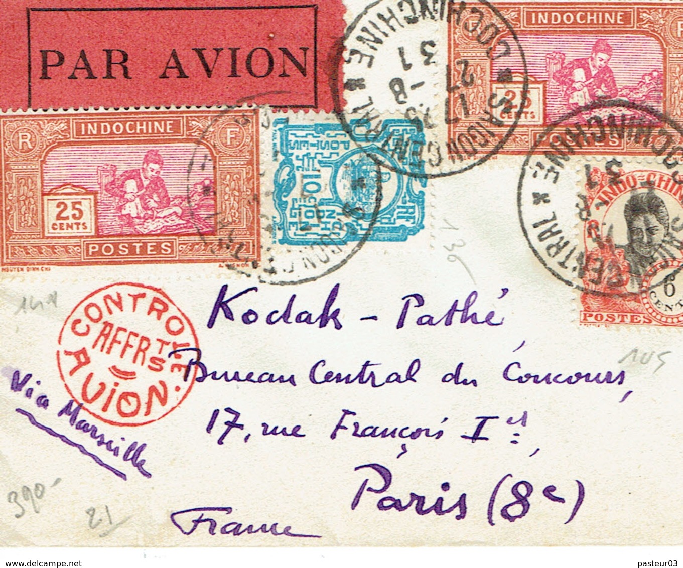 Indochine Lettre Par Avion  De Saïgon Avec N° 105 + 136 + 141 X 2 Du 27-08-1931 - Briefe U. Dokumente