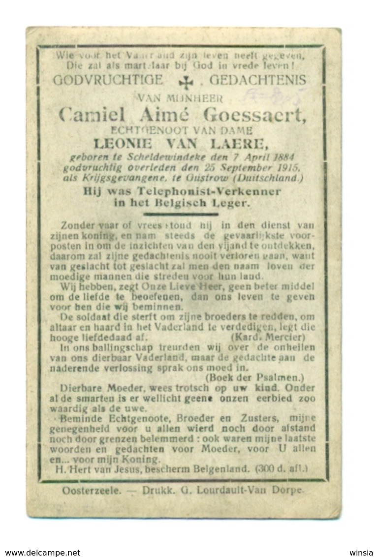 WO1 / WW1 - Doodsprentje Goessaert Camiel Aimé - Scheldewindeke / Gustrow (D) - Krijgsgevangene - Todesanzeige