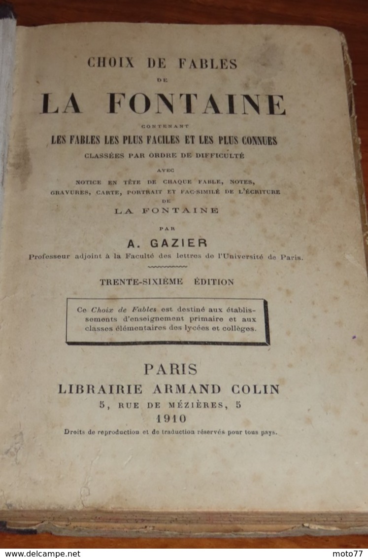 Livre LES FABLES DE LA FONTAINE - 1910 - Edition Colin / 29 - Auteurs Français