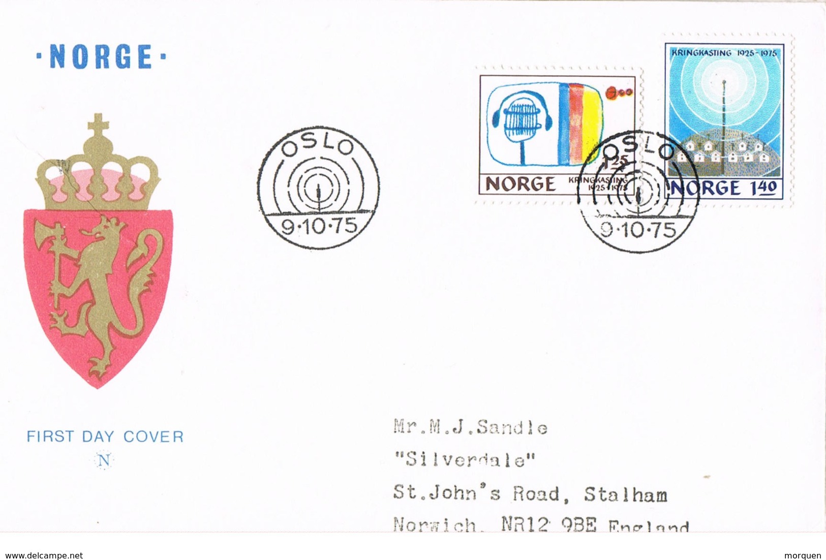 35420. Carta F.D.C. OSLO (Norge) Noruega 1975. KRINGKASTING. Radio Difusion - Covers & Documents