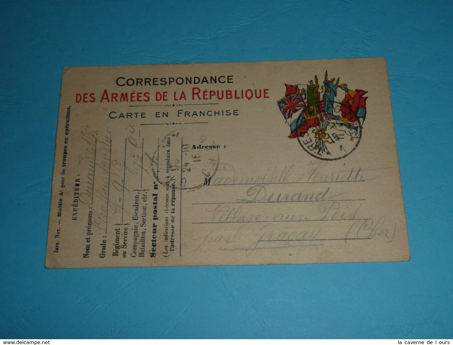 CPA Illustrée 1915, Carte En Franchise, Correspondance Des Armées, WW1, Drapeaux Alliés, Chasseurs Forestiers 9e Cie - War 1914-18