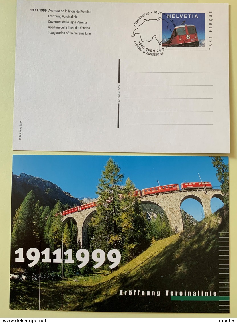 9877 - 2 Entiers Postaux Train Ouverture De La Ligne Vereina 1999 Neuf Et FDC - Entiers Postaux