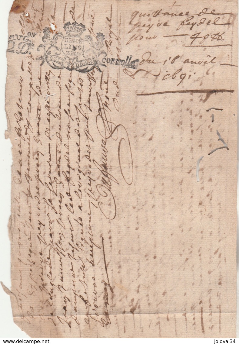 Cachet Généralité Six Deniers LIMOZIN ( Limousin ) Manuscrit 18/4/1691 Quittance - Cachets Généralité