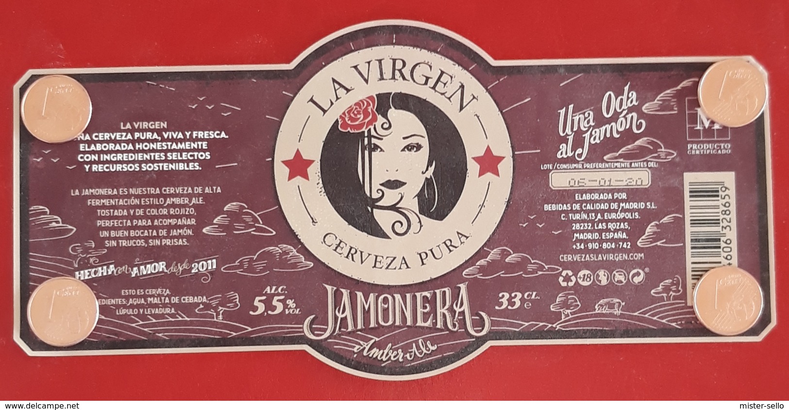 ETIQUETA CERVEZA ARTESANA LA VIRGEN CERVEZA PURA - JAMONERA. USADO - USED. - Cerveza