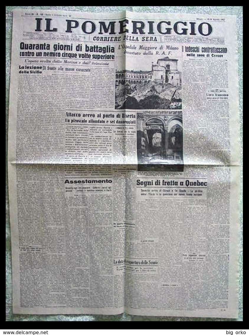IL POMERIGGIO Corriere Della Sera (Milano) - 19 / 20 Agosto 1943 (Guerra In Sicilia - Cronaca Milanese) - Italian
