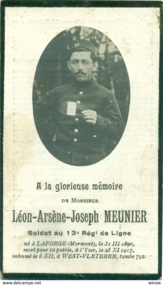 WO1 / WW1 - Doodsprentje Meunier Leon Arsene Joseph - Laforge / - Gesneuvelde - Décès