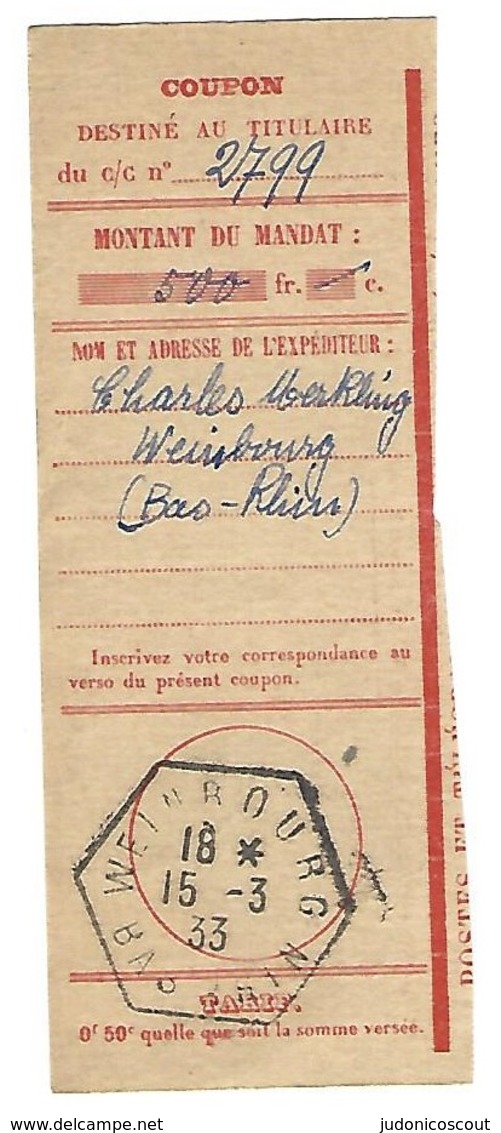 Recette Auxiliaire Rurale WEINBOURG Cachet Hexagonal Type E4 Sur Coupon De Mandat - 15.3.1933 - 1921-1960: Moderne