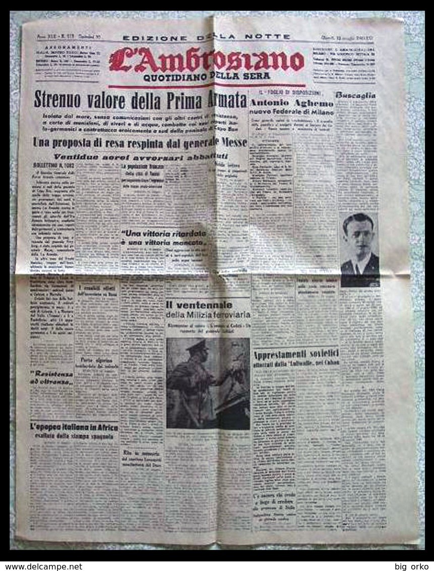 L'AMBROSIANO (Milano) &ndash; 13 Maggio 1943  XXI (La Caduta Della Tunisia) - Articoli Di Vita Quotidiana - Italiano