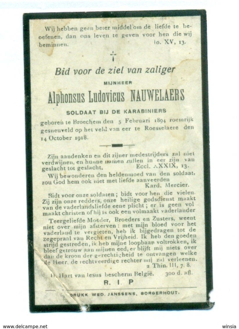 WO1 / WW1 - Doodsprentje Nauwelaers Alphonsus Ludovicus - Broechem / Roeselare - Gesneuvelde - Décès