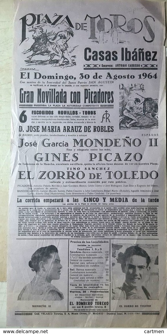 ESPAGNE TAUROMACHIE  MADRID 1964 POSTER ANNONCANT UNE GRAN NOVILLADA CON PICADORES MONDENO II PICAZO EL ZORRO - Posters