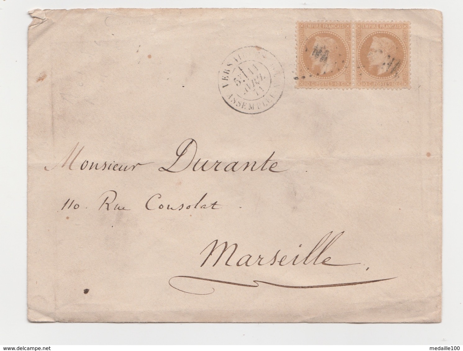 Commune De Paris  Enveloppe VERSAILLES  A.S.N.A. Sur  Paire  N° 28   11/04 / 1871 Arrivée Marseille 13/04/1871 - 1863-1870 Napoléon III. Laure