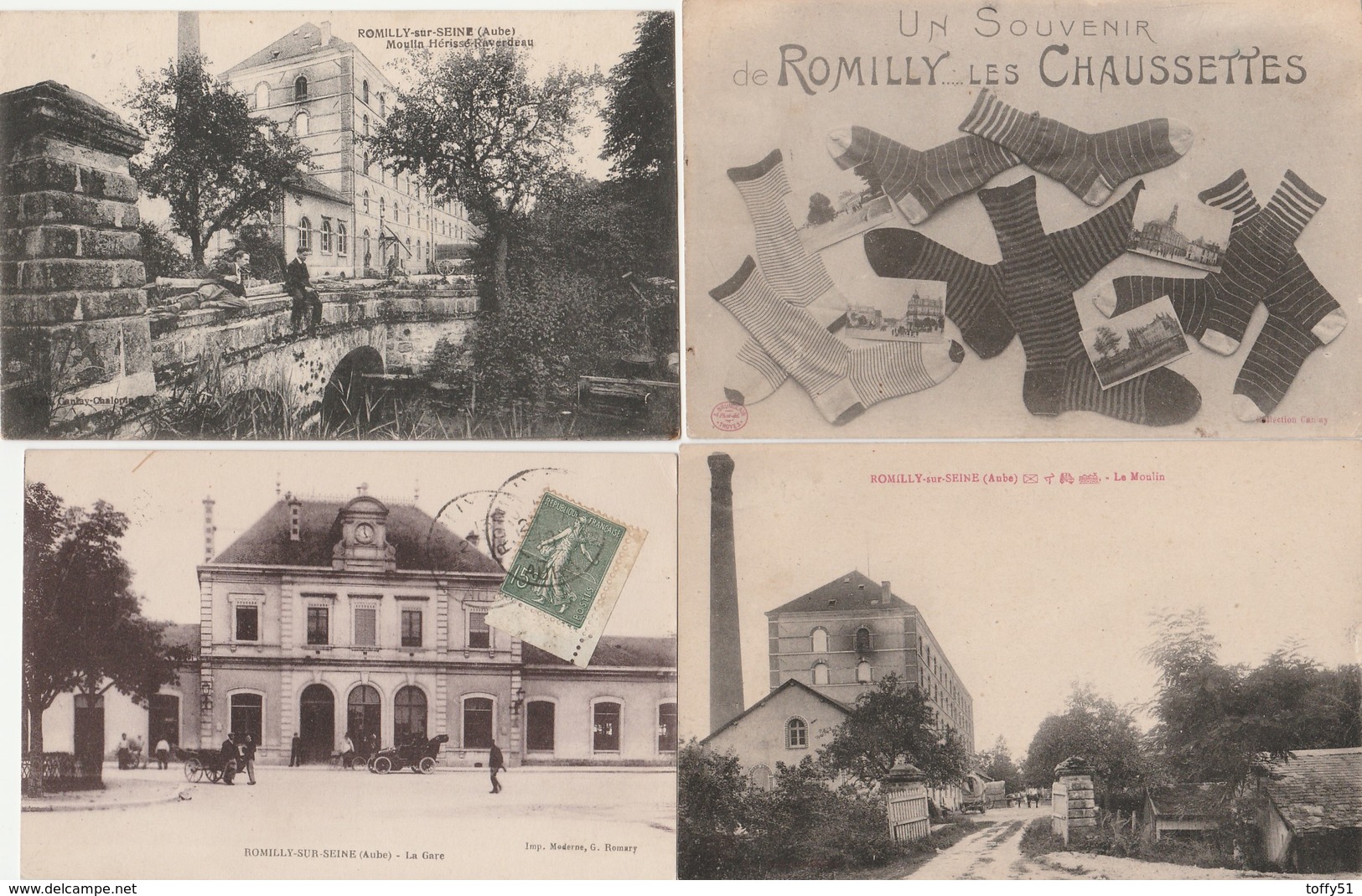 4 CPA:ROMILLY SUR SEINE (10) ATTELAGE AU MOULIN,SOUVENIR "LES CHAUSSETTES",MOULIN HÉRISSÉ RAVERDEAU,LA GARE.ÉCRITES - Romilly-sur-Seine