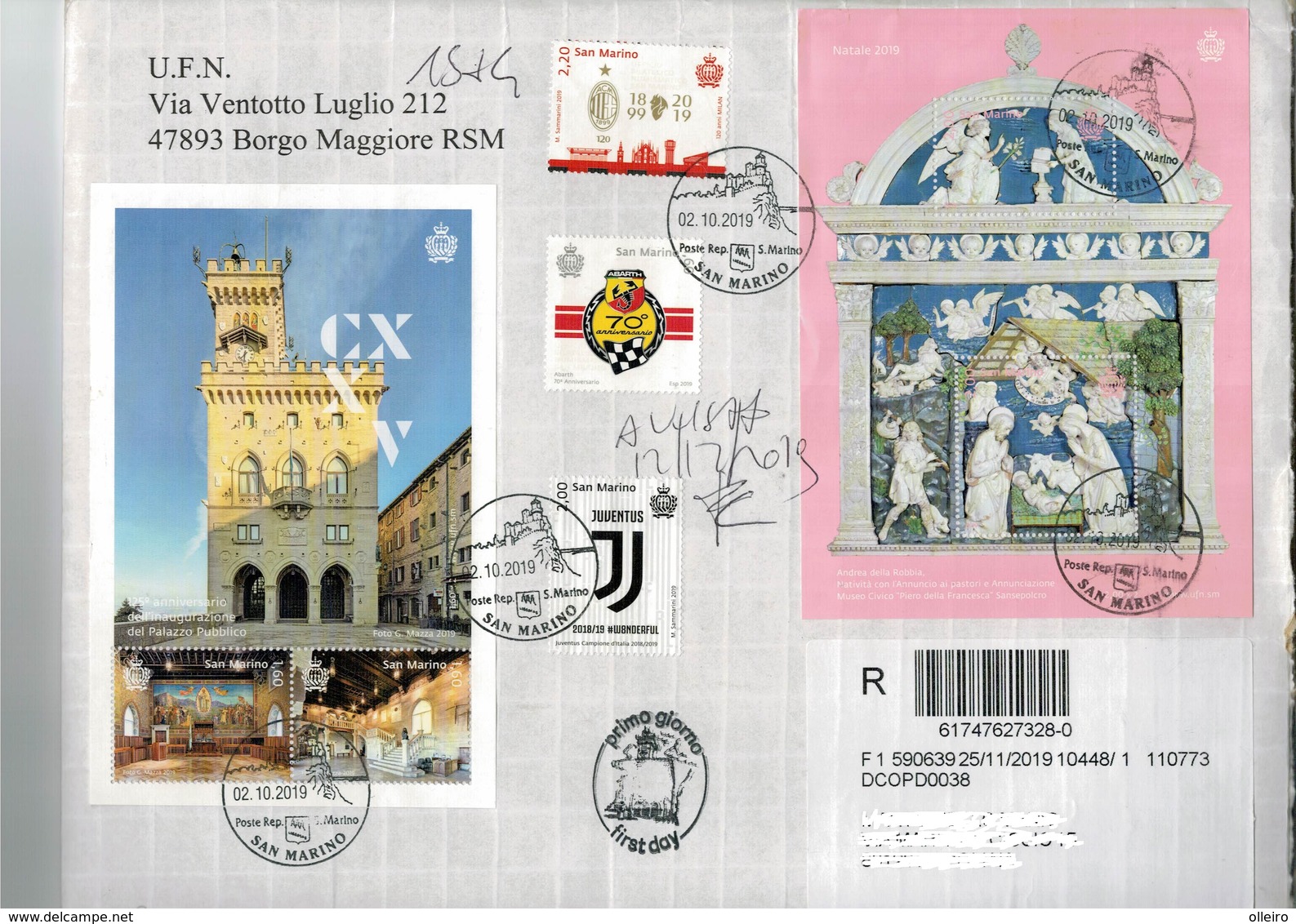 San Marino 2019 Busta FDC Natale - 70 Abarth - 120 Milan - Juventus Campione D'italia - Primo Uomo Sulla Luna  ° VFU - Used Stamps