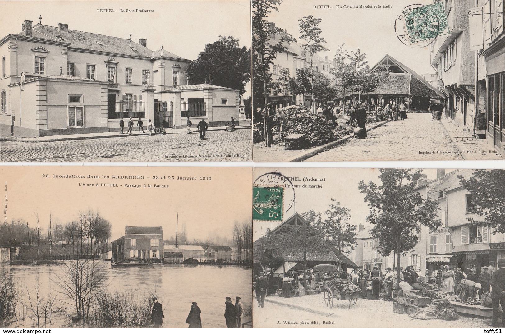 4 CPA:RETHEL (08) JOUR DE MARCHÉ,COIN DU MARCHÉ LA HALLE,SOUS PRÉFECTURE,PASSAGE BARQUE INONDATION JANVIER 1910 - Rethel