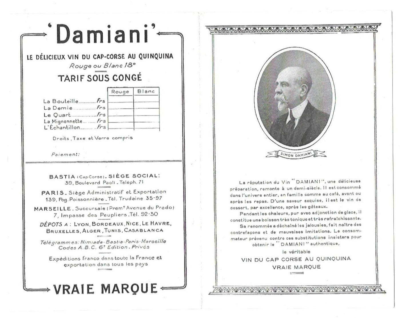 Bastia Vin Du Cap-Corse Au Quinquina Bastia Carte Publicitaire 2 Volets - Bastia