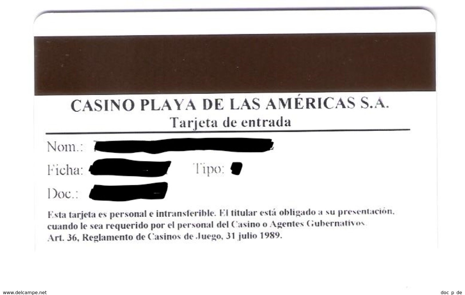 Spain - Casino Card - Casino Playa De Las Americas S.A. - Roulette - Casinokarten