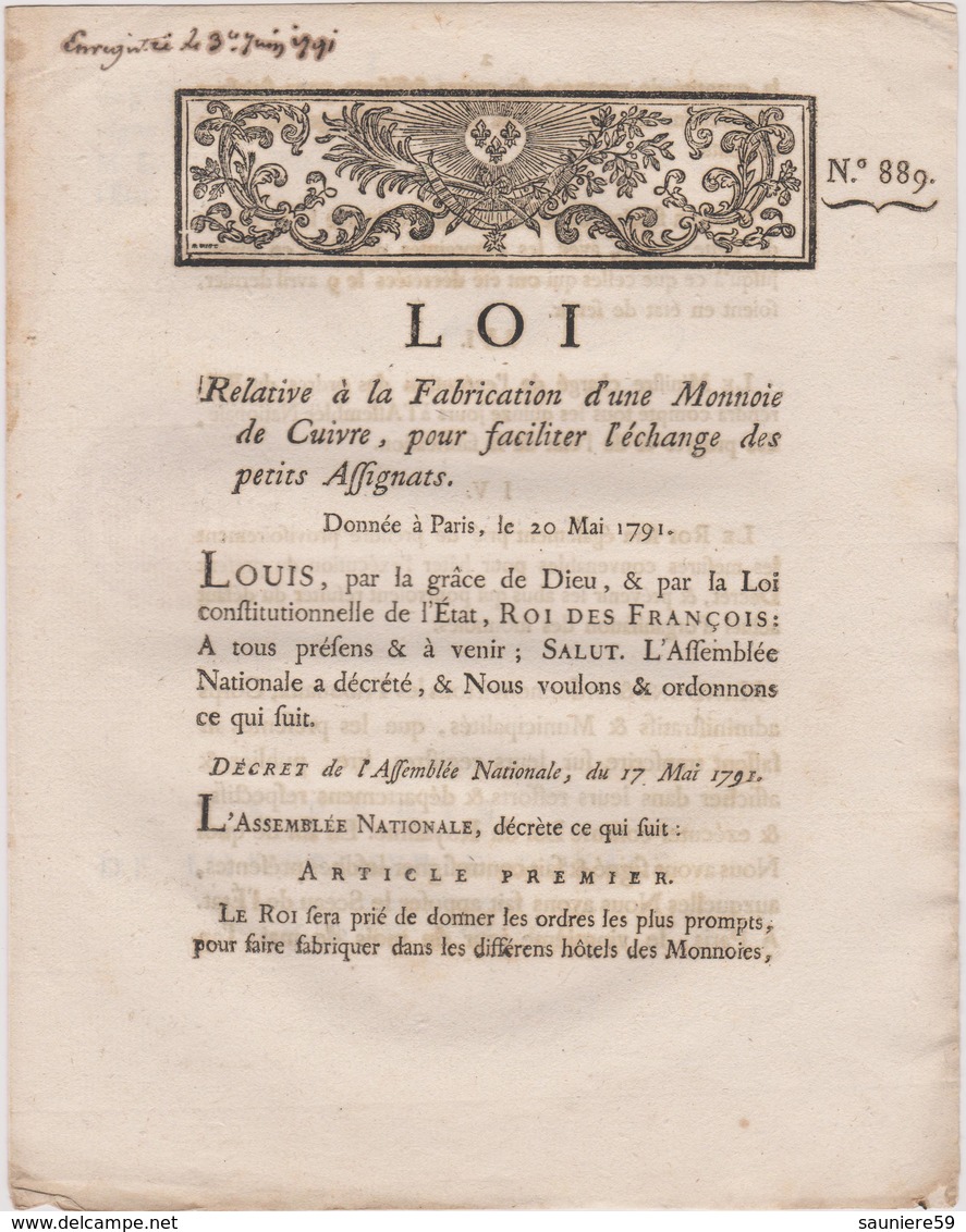 Rare Loi 1791 Numismatique Relative Fabrication Monnaie De Cuivre Echange Assignats Avec Cachet Rouge Royal N° 889 - Documents Historiques