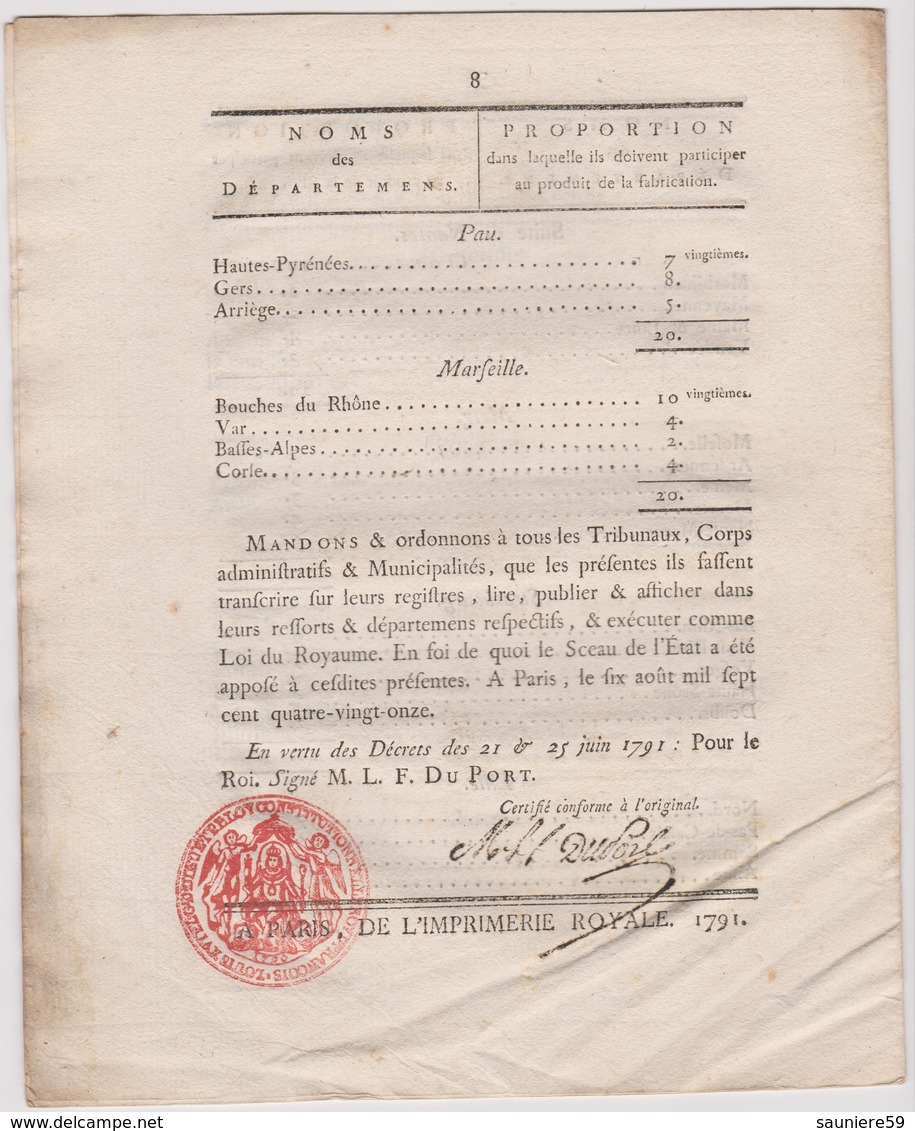 Rare Loi 1791 Numismatique Relative Distribution Monnaie De Cuivre Fonte Des Cloches  Avec Cachet Rouge Royal N° 1186 - Documents Historiques