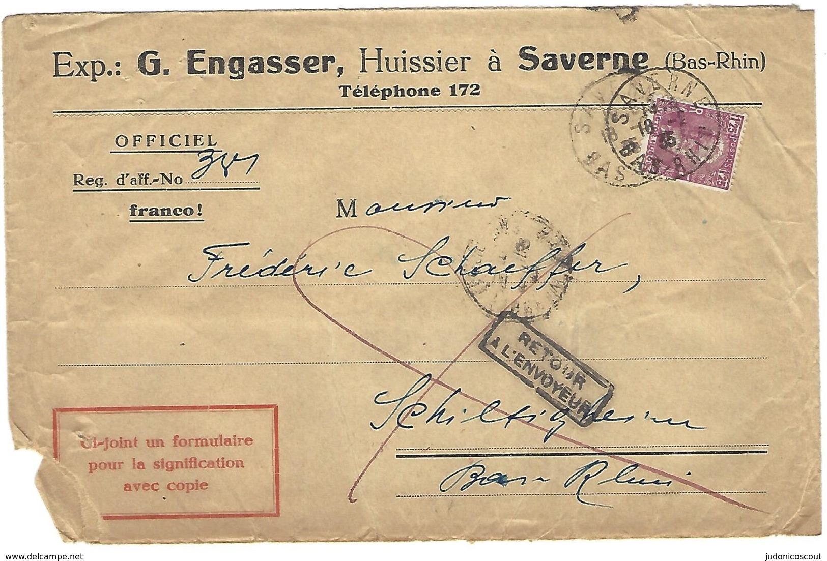 SAVERNE 18.2.1935 - Pasteur 1F25 - Retour à L'envoyeur - Cachet SCHILTIGHEIM Au Verso - Inconnu à L'appel Des Facteurs - 1921-1960: Moderne