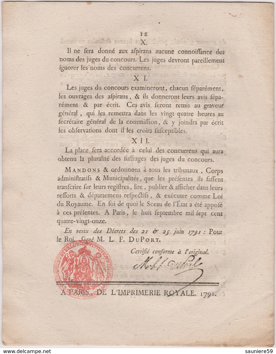 Rare Loi 1791 Numismatique Organisation Des Monnaies Concours Des Essayeurs Et Graveurs Avec Cachet Rouge Royal N° 1251 - Documenti Storici