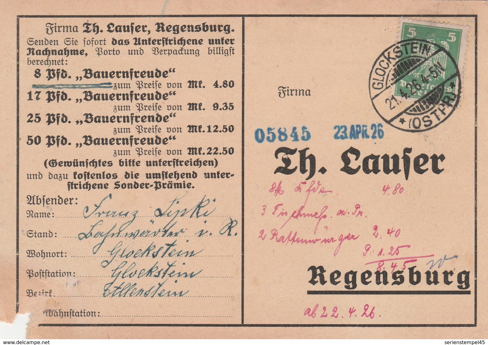 Ostpreussen Deutsches Reich Karte Mit Tagesstempel Glockstein Ostpr. Kr Rößel RB Allenstein 1926 - Briefe U. Dokumente