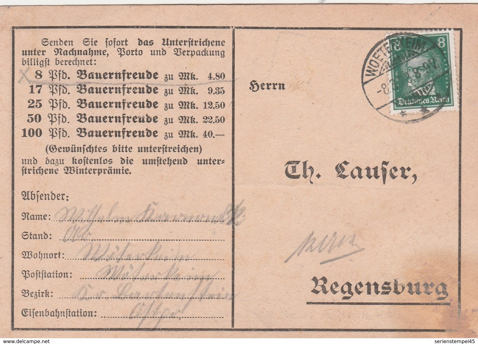 Ostpreussen Deutsches Reich Karte Mit Tagesstempel Woeterkeim Wöterkeim Kreis Bartenstein 1928 Werbung - Briefe U. Dokumente