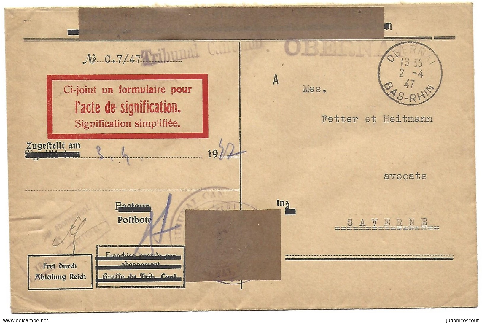 Obernai 2.4.1947 - Lettre En Franchise Du Tribunal Cantonal - Lettres & Documents