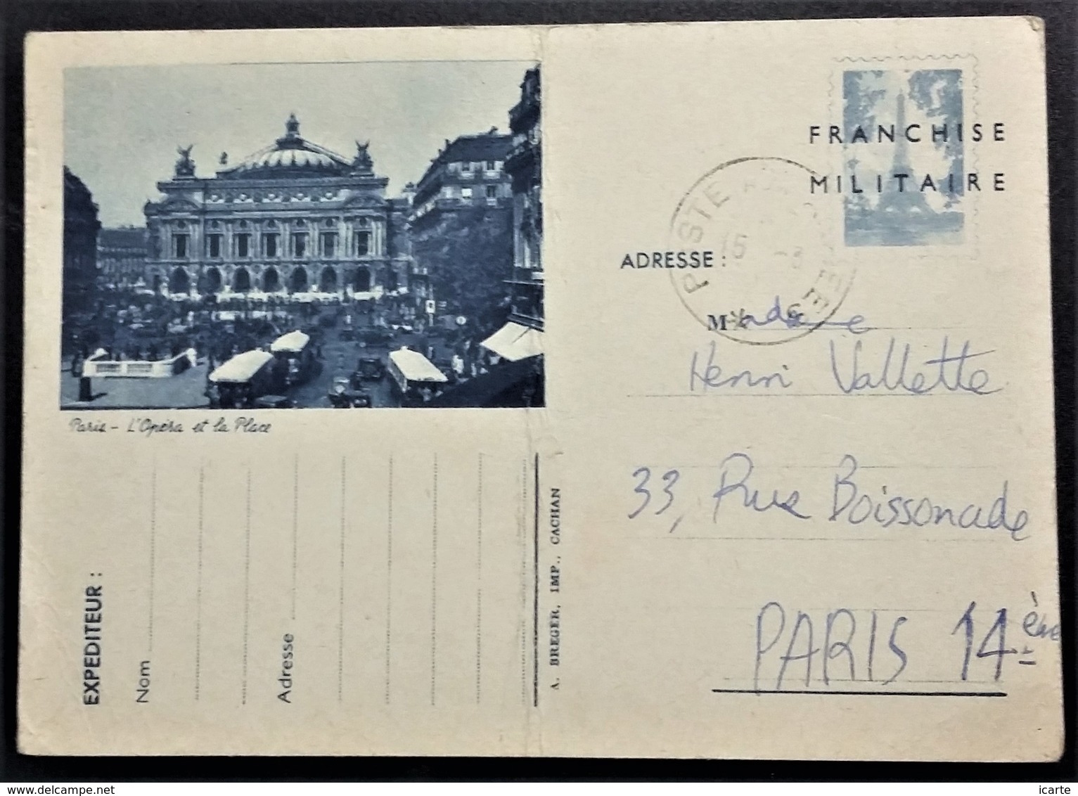 Carte De Franchise Militaire SIMILI-ENTIER POSTAL PARIS L'OPERA ET LA PLACE Simili-timbre TOUR EIFFEL . Obliérée - Lettres & Documents