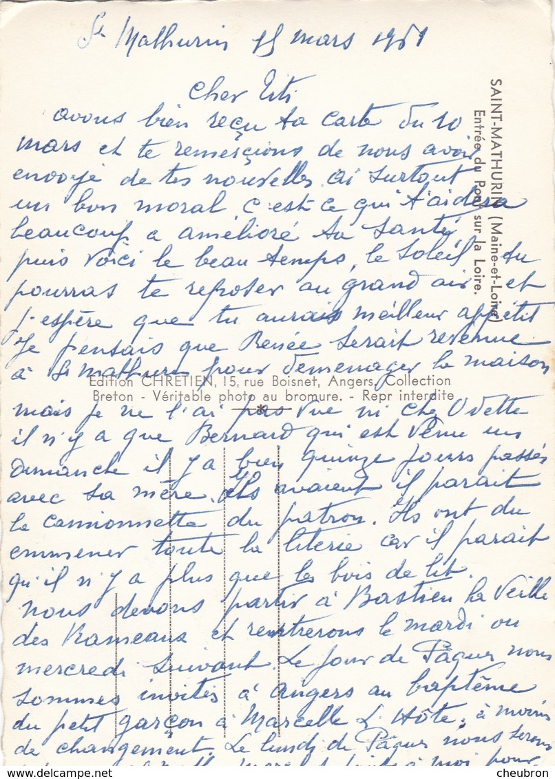 49 SAINT MATHURIN. RARETÉ. .ENTRÉE DU PONT SUR LA LOIRE. VOITURE  203 BREAK EN STATIONNEMENT.+ TEXTE. ANNÉE 1961. - Autres & Non Classés