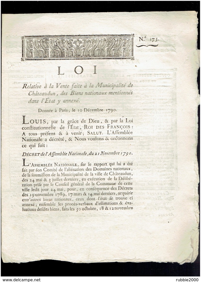 VENTE DE BIENS NATIONAUX 10/12/1790 MUNICIPALITE DE CHATEAUDUN EURE ET LOIR OBJETS EVALUES ET LEUR SITUATION - Documents Historiques